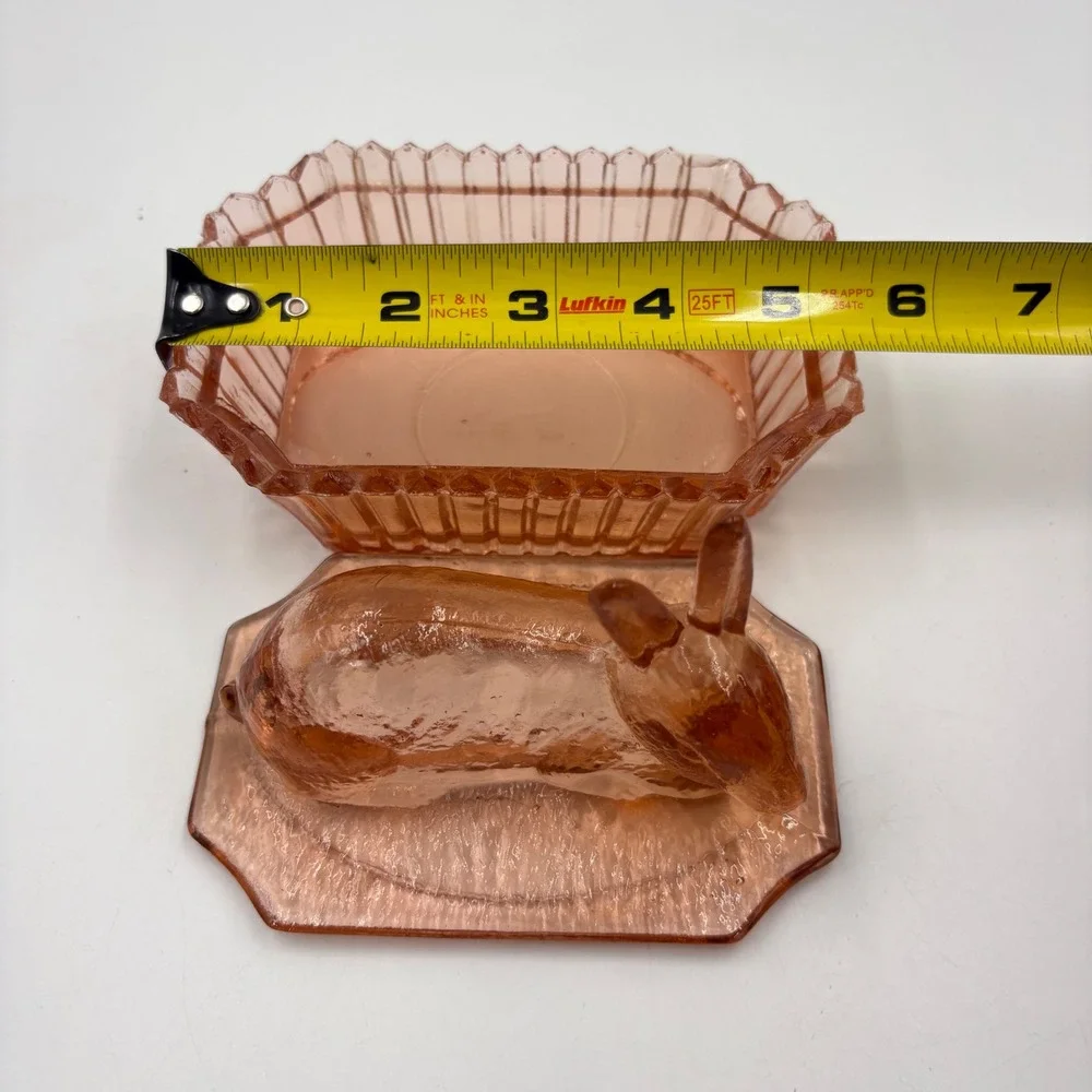 Vintage Rabbit on Nest Trinket Dish Pink Glass Small Easter Bunny‎ Box